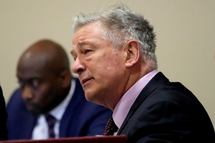 Alec Baldwin looks on during his trial for involuntary manslaughter in Santa Fe, New Mexico, on July 10. The actor viewed footage of some of cinematographer Halyna Hutchins' final moments during the proceedings.