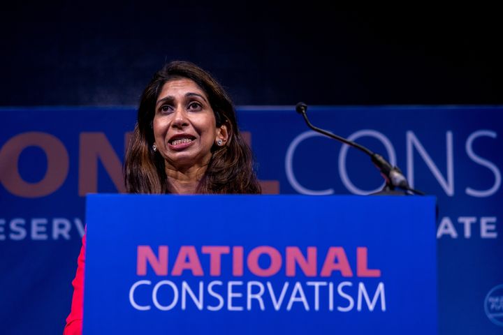 Suella Braverman speaking at the National Conservatism Conference in April.