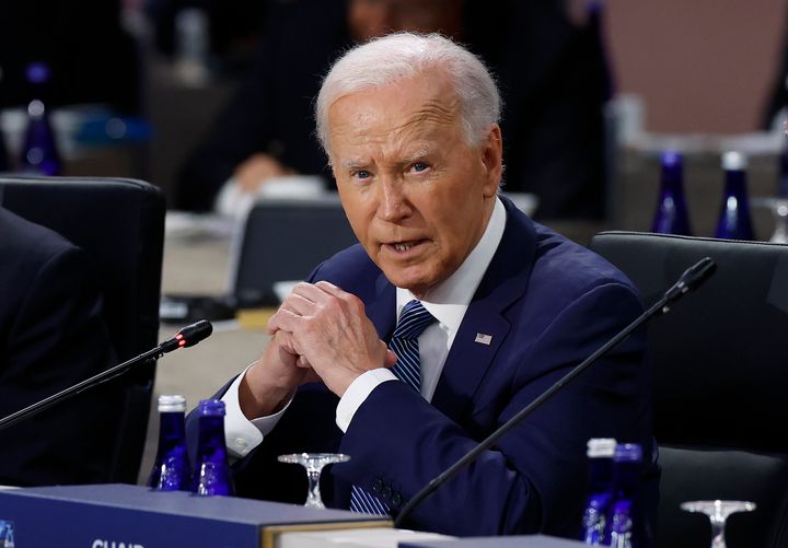 Präsident Biden, hier zu sehen, spricht am Mittwoch auf dem NATO-Gipfel 2024.