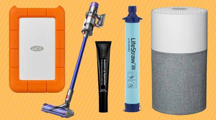 LaCie hard drive, Dyson V11 cordless vacuum, Revision Skincare lip balm, LifeStraw water filter and Blueair purifier