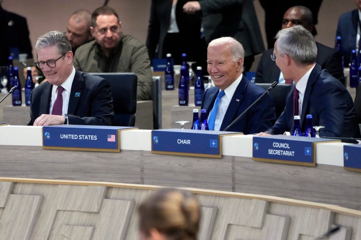 British Prime Minister Keir Starmer, President Joe Biden and NATO Secretary-General Jens Stoltenberg take their seats Thursday for a meeting of the NATO-Ukraine Council in Washington.