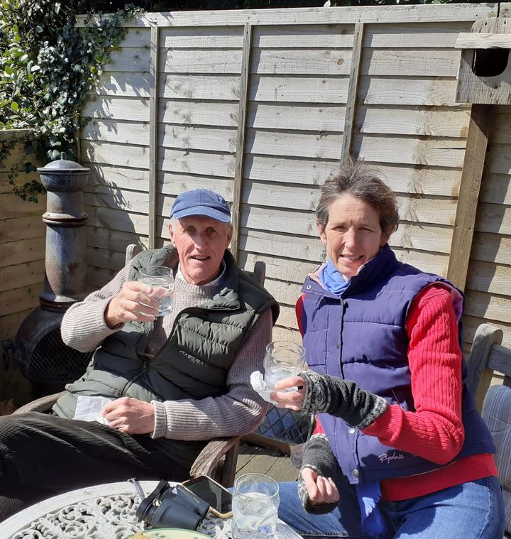 The author and Simon in their garden during lockdown in April 2020, just before he got sick.