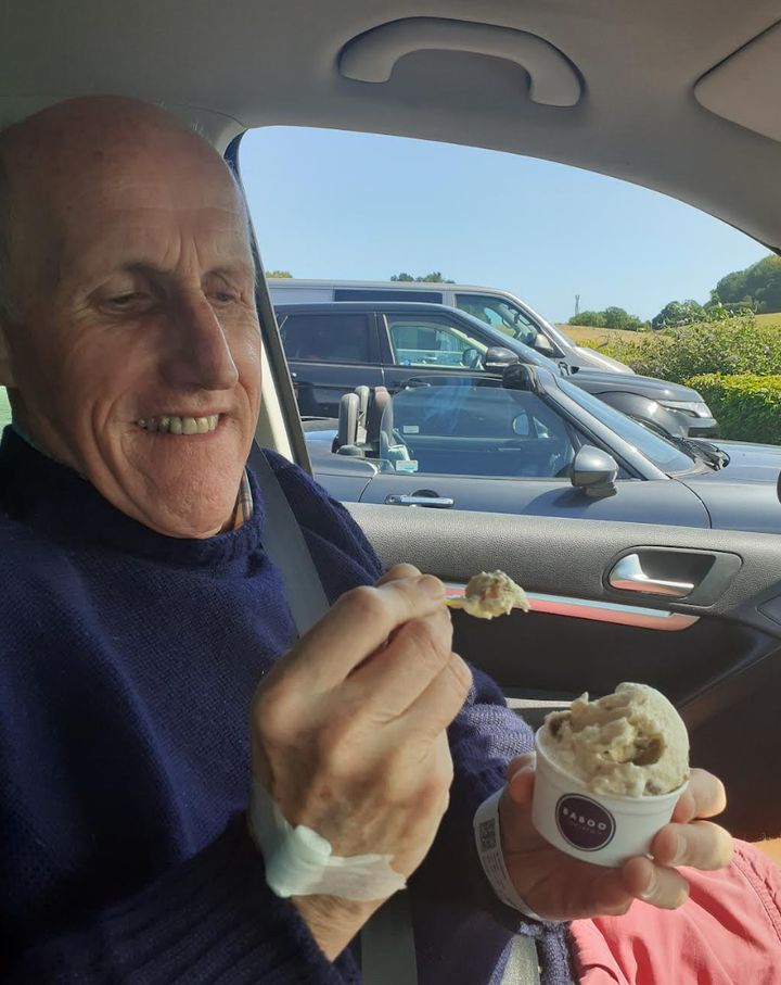 Simon enjoying his favorite ice cream in August 2020, after the only treatment he'd ever receive for his cancer.