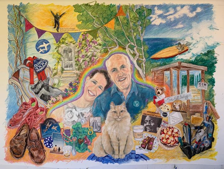 A mixed media creation (1x1.4m), including Simon's ashes, the author's and their cat’s hair. "A gift from a friend" the author writes. "It's like having Simon home."