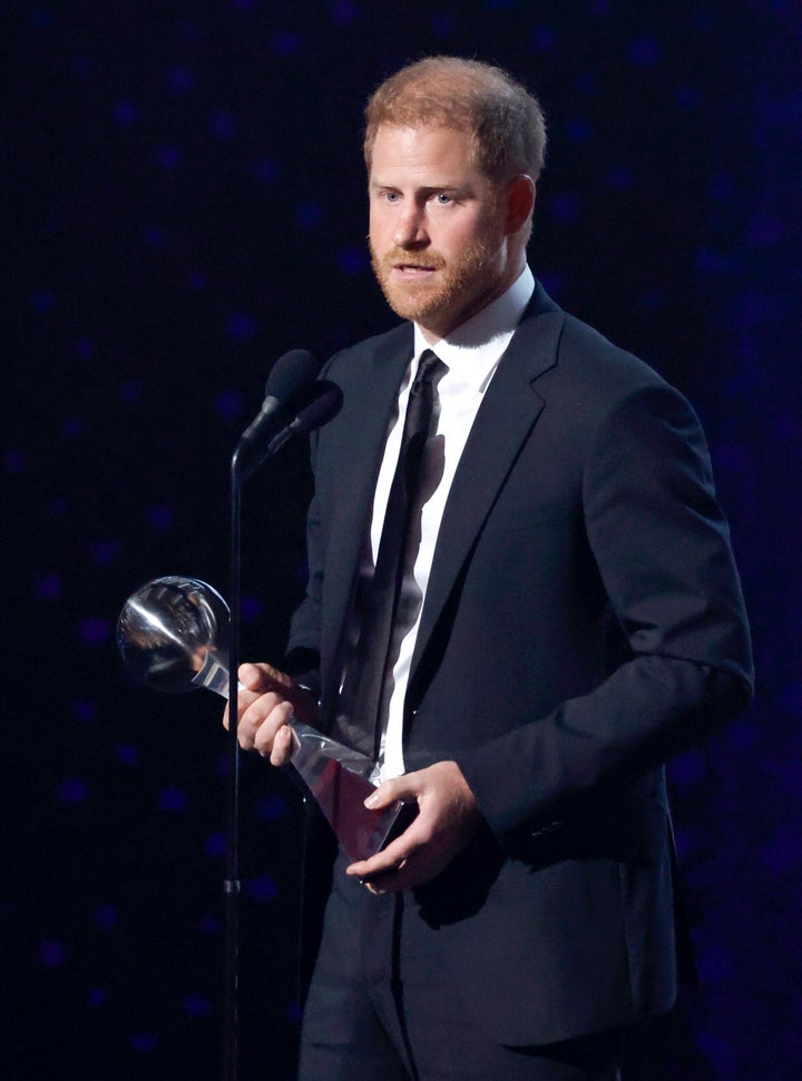 Prince Harry photographed accepting the Pat Tillman Award for Service during the 2024 ESPY Awards at Dolby Theatre on July 11, 2024 in Hollywood, California. 