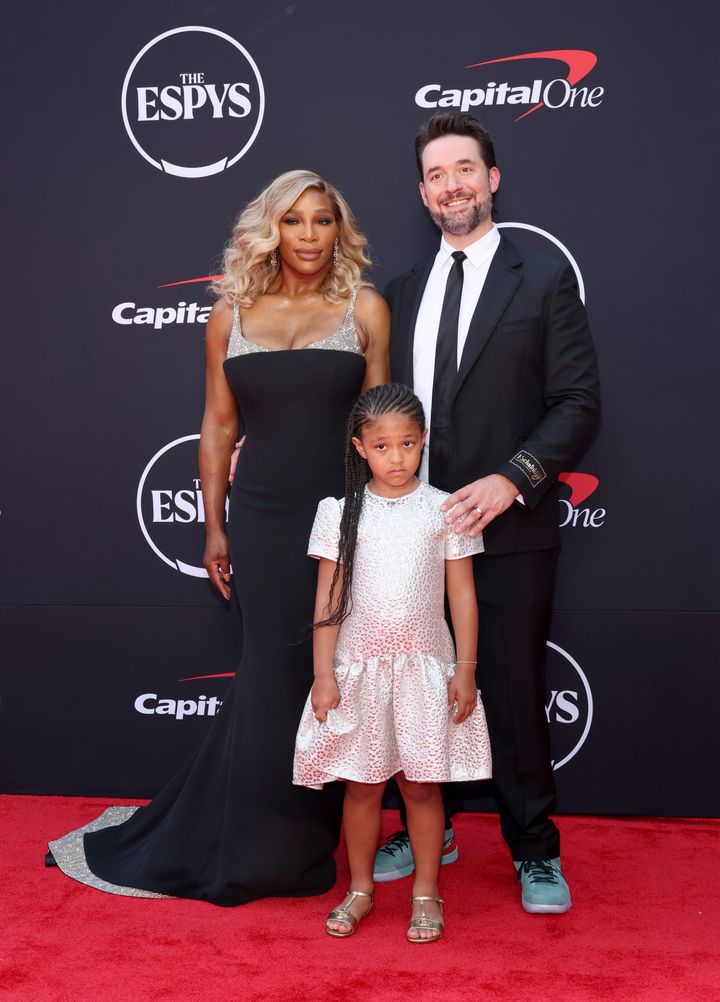 Alexis Olympia Ohanian Jr. with her parents, Serena Williams and Alexis Ohanian, on Thursday at the 2024 ESPY Awards at the Dolby Theatre in Hollywood.