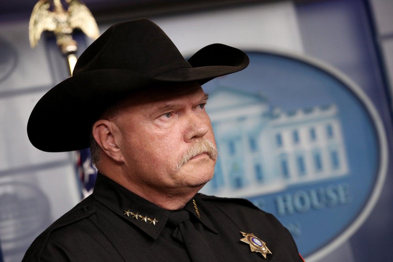 Tarrant County Sheriff Bill Waybourn attends a White House briefing on Oct. 10, 2019, with Immigration and Customs Enforcement Director Matt Albence. Waybourn has faced criticism for his close ties to right-wing political figures.