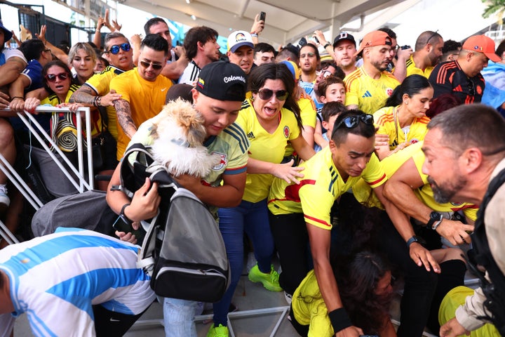 Fans try to enter the stadium amid disturbances prior to the CONMEBOL Copa America 2024 Final match between Argentina and Colombia at Hard Rock Stadium on July 14, 2024 in Miami Gardens, Florida.