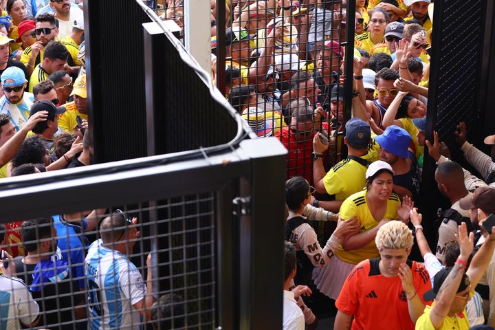 Fans try to enter the stadium amid disturbances prior to the CONMEBOL Copa America 2024 Final match between Argentina and Colombia at Hard Rock Stadium on July 14, 2024 in Miami Gardens, Florida.