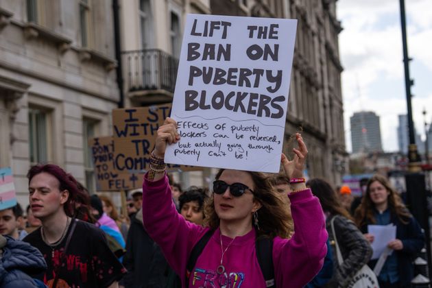 Campaigners protesting the ban on puberty blockers