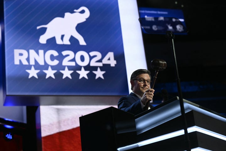 House Speaker Mike Johnson (R-La.) holds the gavel during the first day of the 2024 Republican National Convention in Milwaukee on July 15, 2024. Days after Donald Trump survived an assassination attempt, Republicans are set to nominate him as the party's official presidential candidate.