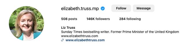 Liz Truss's Instagram page
