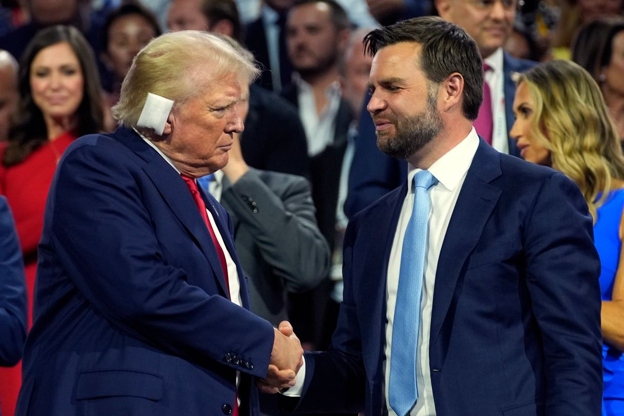 Former President Donald Trump and Republican vice presidential candidate JD Vance attend the first day of the Republican National Convention on July 15, 2024, in Milwaukee. 