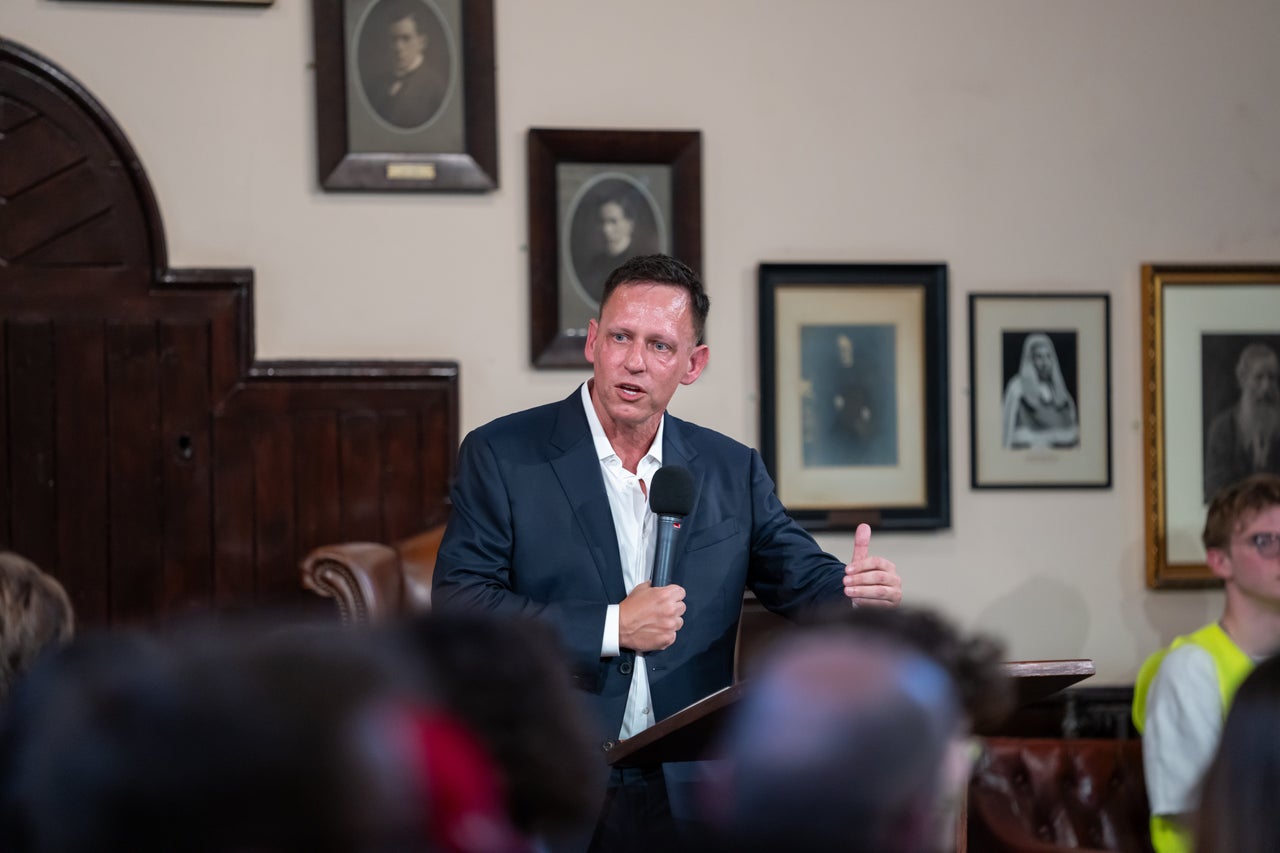 Peter Thiel speaks at the Cambridge Union on May 8, 2024. “I no longer think that freedom and democracy are compatible,” Thiel wrote in a 2009 essay.