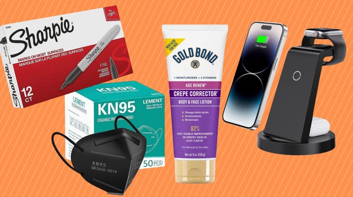 A 12-pack of Sharpies, a 50-pack of KN95 masks, Gold Bond's crepe correcting body and face lotion and a wireless charging station.