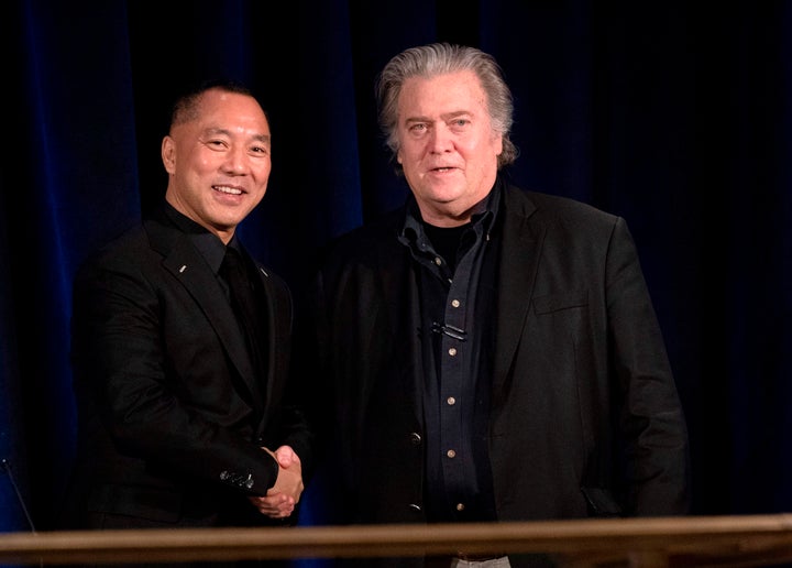 Guo developed a close relationship with Trump’s onetime political strategist, Steve Bannon. The pair is seen in 2018. In 2020, the two announced a joint initiative to overthrow the Chinese government.