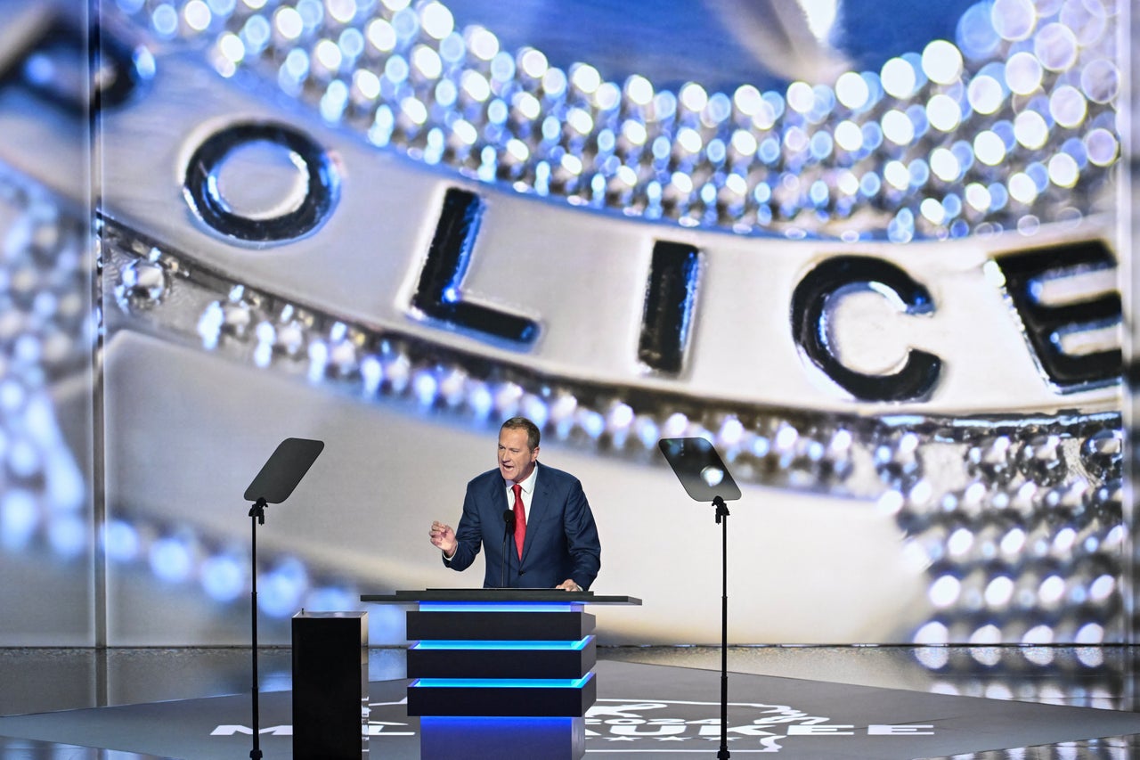 Sen. Eric Schmitt (R-Mo.) speaks during the second day of the 2024 Republican National Convention at Milwaukee's Fiserv Forum on July 16.