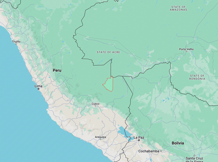 The Mashco Piro people live in the Madre de Dios region of Peru, which is circled in red here near the borders of Bolivia and Brazil. More than 15% of the land is zoned for timber concessions, according to a 2021 report.