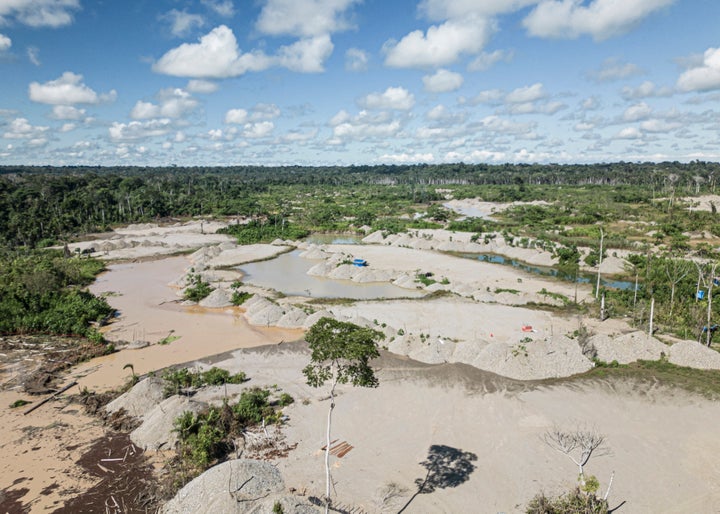 This aerial photo shows an illegal gold mining area in the Madre de Dios department, in Peru's southeastern Amazon region, on June 1, 2024. 