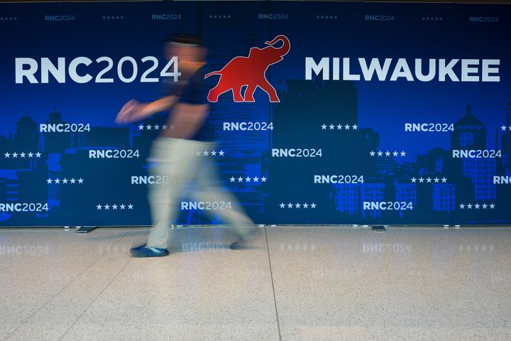 People arrive at Fiserv Forum for the Republican National Convention Thursday in Milwaukee.
