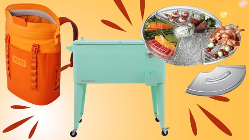 A Yeti backpack cooler, a wheeled outdoor patio cooler and an ice bed appetizer tray. 