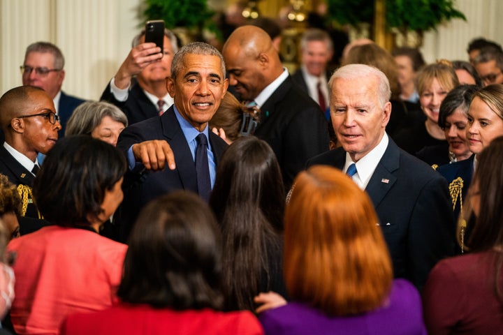 Biden and former President Barack Obama greet visitors following remarks on the Affordable Care Act and lowering health care costs for families on April 5, 2022.