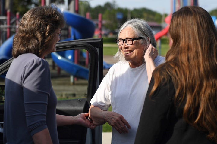 Sandra Hemme, center, meets with family and supporters after she was released from Chillicothe Correctional Center, Friday, July 19, 2024, in Chillicothe, Missouri.