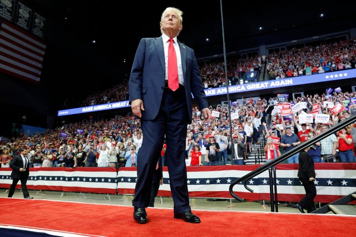 GRAND RAPIDS, MICHIGAN - JULY 20: Republican presidential nominee, former U.S. President Donald Trump arrives to speak at a campaign rally at the Van Andel Arena on July 20, 2024 in Grand Rapids, Michigan. Trump's campaign event is the first joint event with his recent vice presidential pick Sen. JD Vance (R-OH) and the first campaign rally since the attempted assassination attempt his rally in Butler, Pennsylvania. (Photo by Anna Moneymaker/Getty Images)