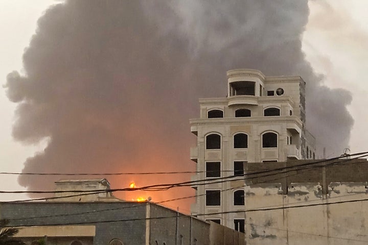 A huge column of fire erupts following Israeli strikes in Yemen's Huthi-held port city of Hodeida on July 20, 2024. Israeli warplanes struck the Huthi-controlled Yemeni port of Hodeida on July 20, a day after a drone attack by the Huthi rebels killed a civilian in Tel Aviv, both sides said. (Photo by AFP) (Photo by -/AFP via Getty Images)