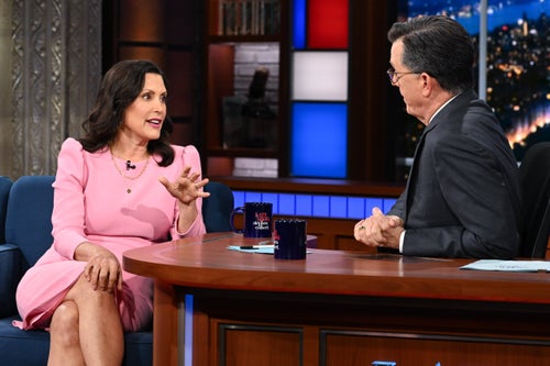 The Late Show with Stephen Colbert and guest Gov. Gretchen Whitmer during Wednesday's July 10, 2024 show.