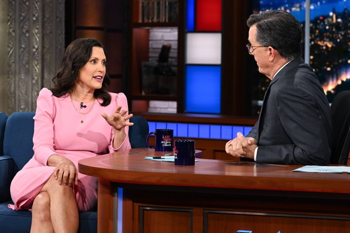 The Late Show with Stephen Colbert and guest Gov. Gretchen Whitmer during Wednesday's July 10, 2024 show. 