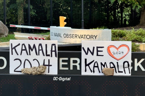 Signs supporting Vice President Kamala Harris, posted outside her home at the U.S. Naval Observatory in Washington, D.C., are a small sign of what Democrats say is renewed energy in the party.