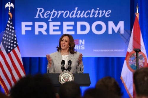 Vice President Kamala Harris, seen here at a May event in Florida focusing on the state's new 6-week abortion ban, has drawn praise from Democratic advocates for her advocacy on reproductive rights. (Photo by Joe Raedle/Getty Images)