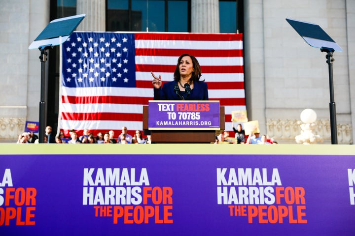 Harris speaks in Oakland, California, at the launch of her 2020 presidential bid. She ended it just a few months later, amid widespread reports of organizational problems and perceptions that she didn't have a clear message. (Photo by Gabrielle Lurie/San Francisco Chronicle via Getty Images)