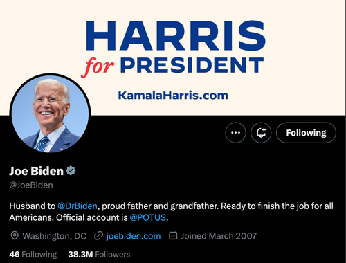 Joe Biden changed the header on his X account overnight after ending his campaign and endorsing Kamala Harris on Sunday.