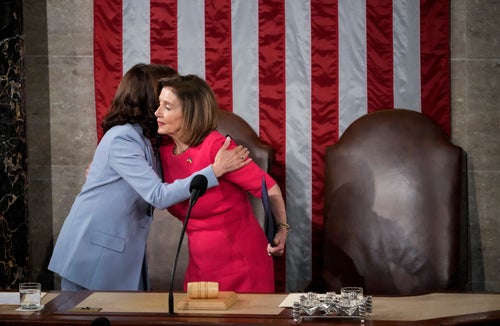 Vice President Kamala Harris embraces then-Speaker of the House Nancy Pelosi in Washington, DC., in 2022.