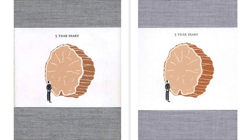 The five year journal with blue and grey covers, plus a removable paper sleeve.
