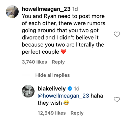 Blake Lively quickly shut down any hint of discord in her marriage to fellow actor Ryan Reynolds.