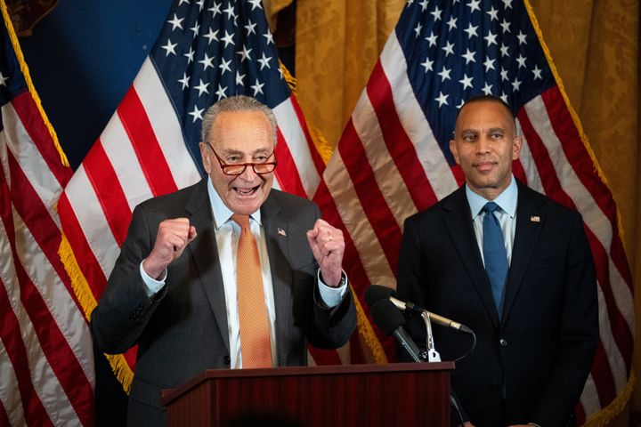 Senate Majority Leader Chuck Schumer and House Minority Leader Hakeem Jeffries at their press conference to endorse Kamala Harris.