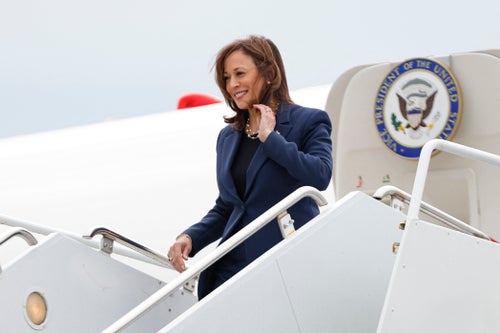 Vice President ― and now Democratic presidential candidate ― Kamala Harris descends from Air Force Two at Milwaukee Mitchell International Airport on July 23, 2024, in Milwaukee, Wisconsin.