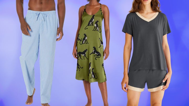 Amazon Essentials' light cotton poplin sleep pants, a satin chemise night dress and a bamboo sleep set.