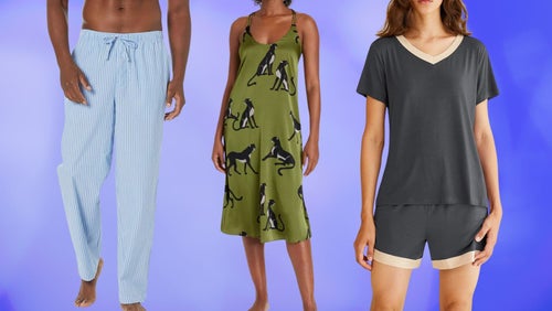 Amazon Essentials' light cotton poplin sleep pants, a satin chemise night dress and a bamboo sleep set. 
