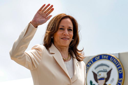 United States Vice President Kamala Harris waves as she boards Air Force Two at Indianapolis International Airport in Indianapolis on July 24, 2024.
