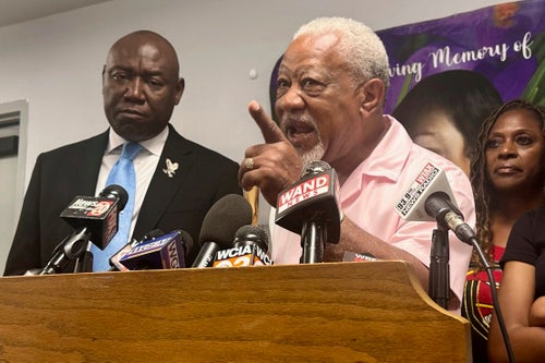 James Wilburn, father of Sonya Massey, speaks to reporters in Springfield, Ill. on Monday, July 22, 2024. A former Sangamon County sheriff's deputy has been charged with murder after shooting Massey inside her home while responding to a 911 call on July 6.