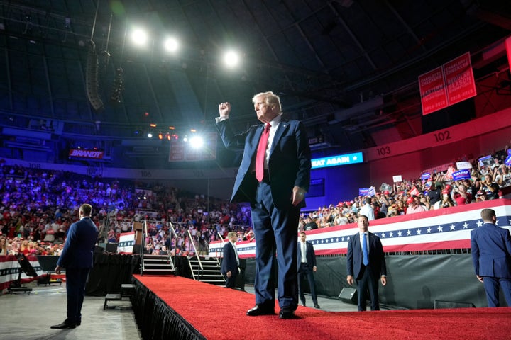 Republican presidential candidate former President Donald Trump gestures after speaking at a campaign rally Wednesday, July 24, 2024, in Charlotte, N.C. (AP Photo/Alex Brandon)