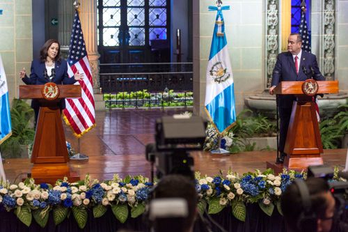 Vice President Kamala Harris and Guatemalan President Alejandro Giammattei during a meeting at the National Palace in 2021 as part of a visit to discuss migration.