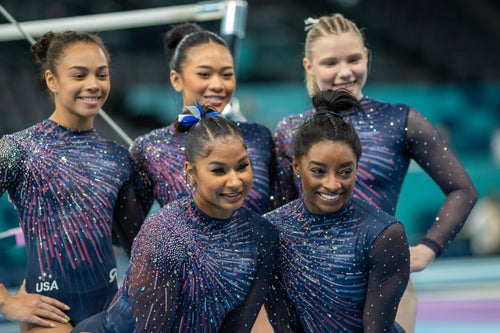 The U.S. team of Simone Biles, Jordan Chiles, Jade Carey, Sunisa Lee and Hezly Rivera during artistic gymnastics podium training at the Bercy Arena on Thursday.