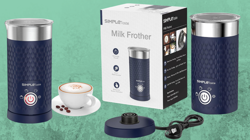 This 4-in-1 milk frother makes creamy, rich foam.