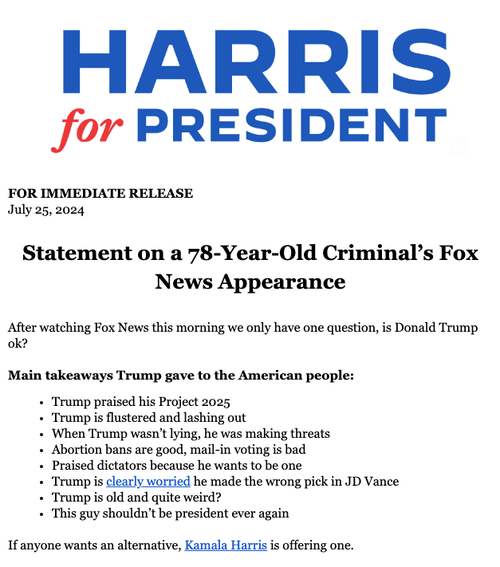 A screenshot of a press release sent to reporters by Kamala Harris' presidential campaign Thursday, titled: "Statement on a 78-Year-Old Criminal’s Fox News Appearance"