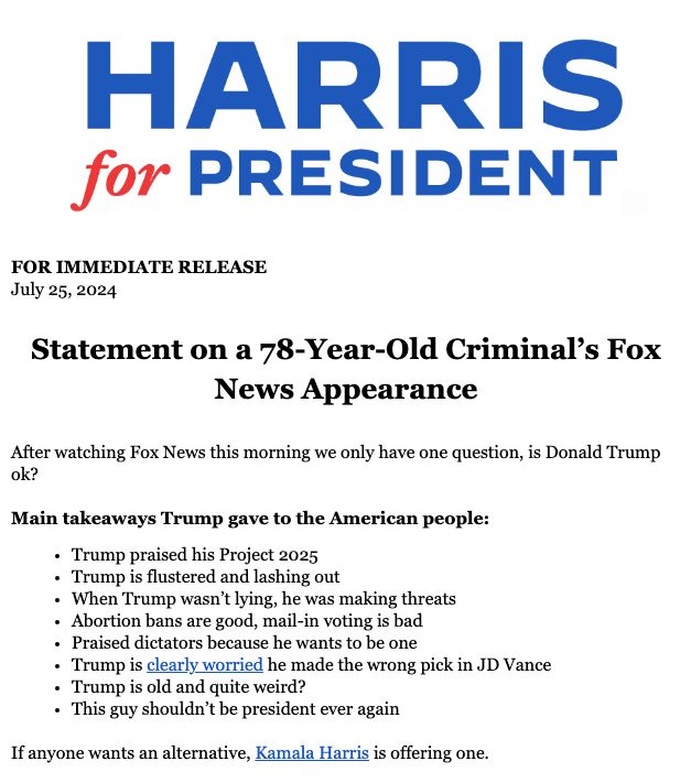 Ein Screenshot einer Pressemitteilung zum Präsidentschaftswahlkampf von Kamala Harris, die am Donnerstag an Reporter verschickt wurde, mit der Überschrift: "Stellungnahme zum Auftritt eines 78-jährigen Schwerverbrechers bei Fox News"